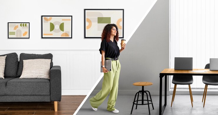 Foto de una chica con un fondo entre una casa y una oficina, indicando trabajo híbrido