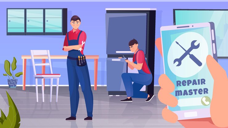 Ilustración de dos técnicos reparando un electrodoméstico
