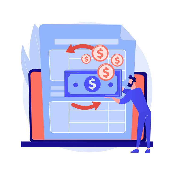 Ilustración de un técnico tocando una máquina que aparentemente da cambio de monedas y billetes