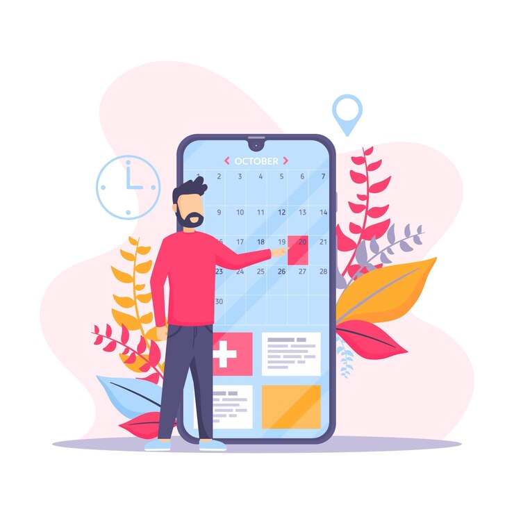 Ilustración de un hombre con un movil detrás de su tamaño donde se puede ver una app de calendario
